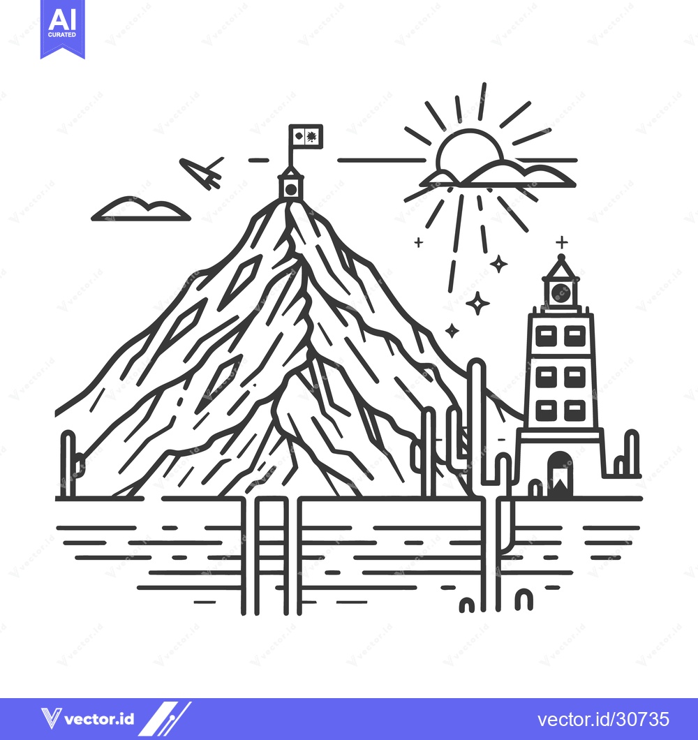 Premium Vector of A mountain landscape featuring a sun and a building outline