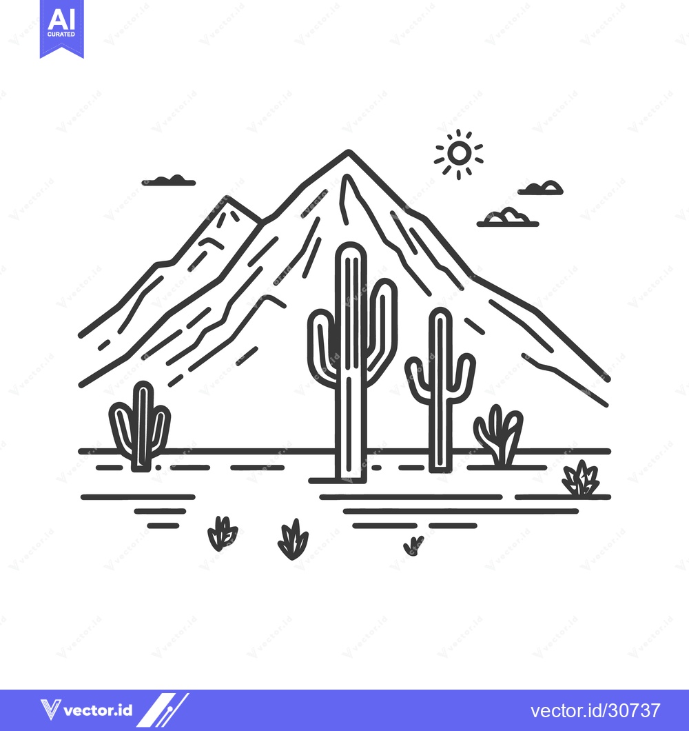 Premium Vector of A simple black and white illustration depicts a desert landscape scene