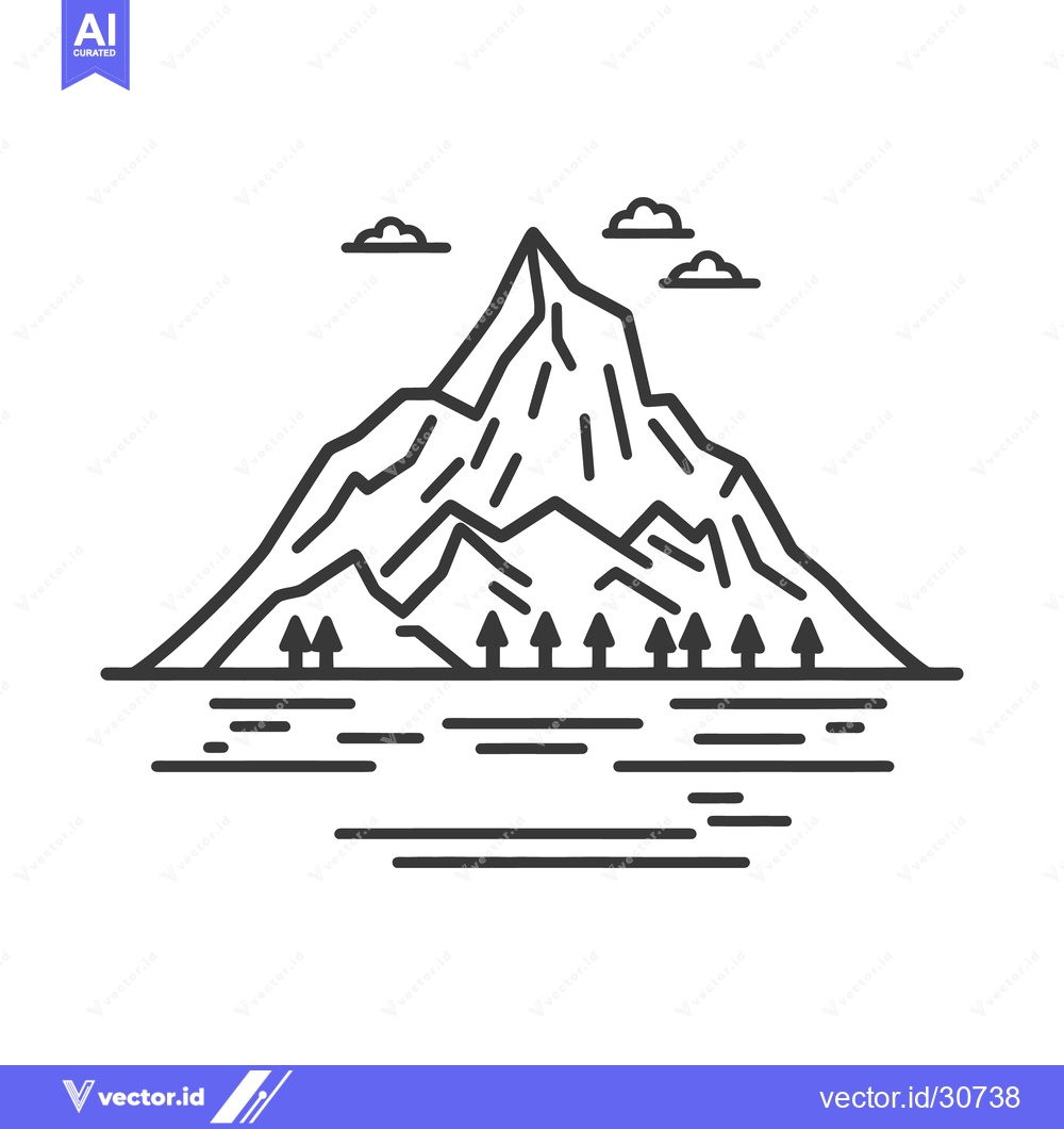 Premium Vector of A minimalist illustration depicts a mountain range with trees and wate