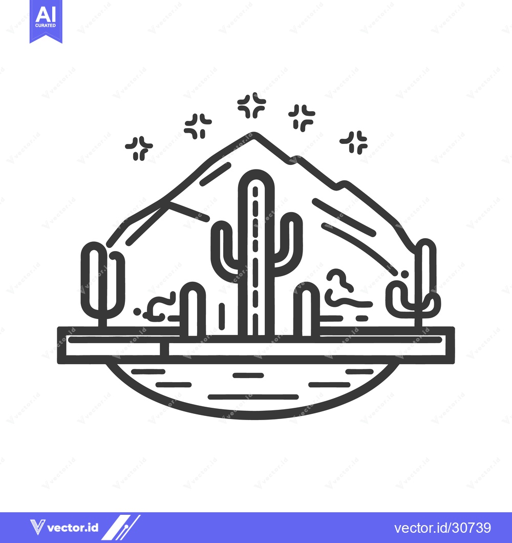 Premium Vector dari Simple line art of a desert landscape with cacti and mountains