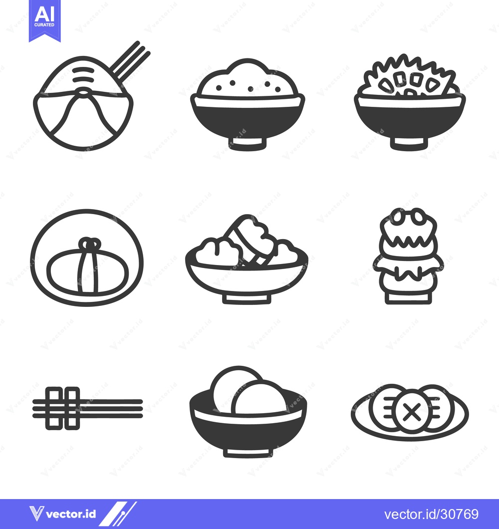 Premium Vector of Nine different illustrations of asian food presented in bowls