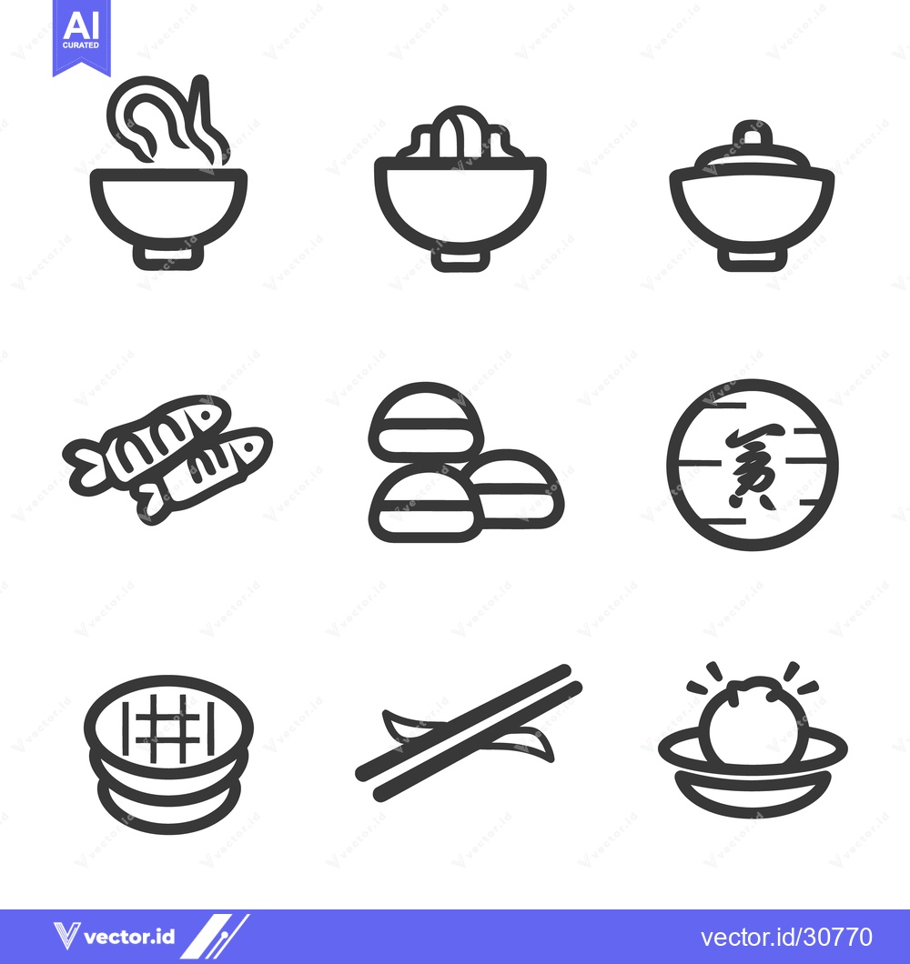 Premium Vector of Black and white icon set depicting several asian food dishes