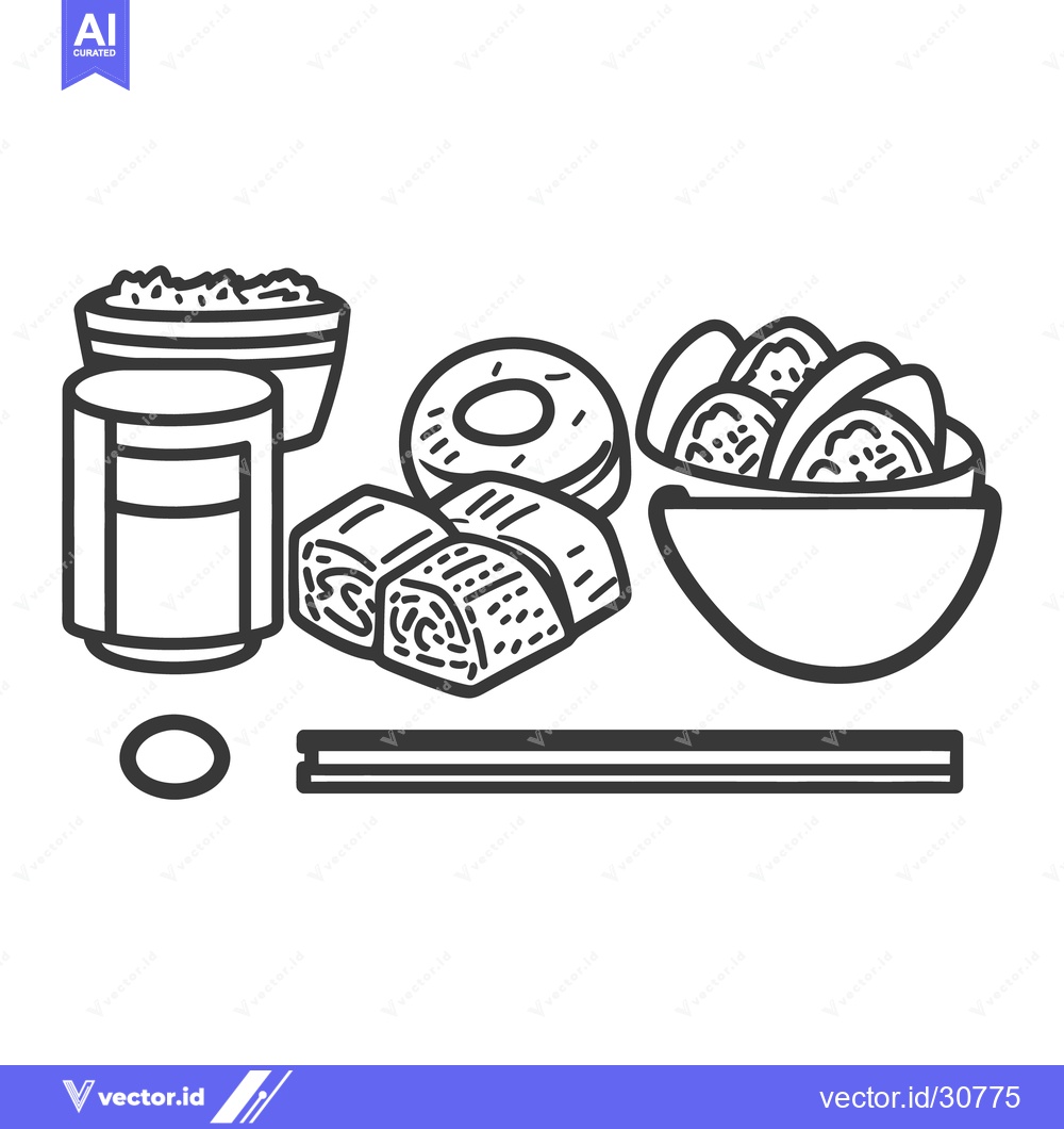 Premium Vector dari Line art illustration depicts a selection of various food items