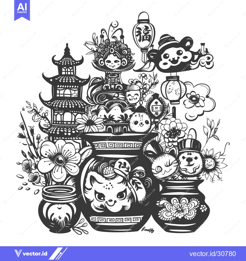 Premium Vector of Chinese New Year Illustration with Animals and Lanterns
