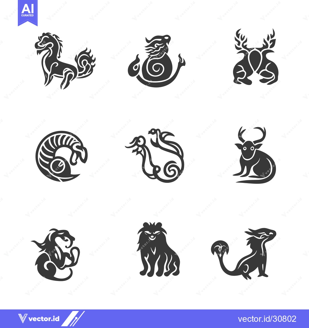 Premium Vector of Nine Stylized Animal Icons With Decorative Abstract Designs