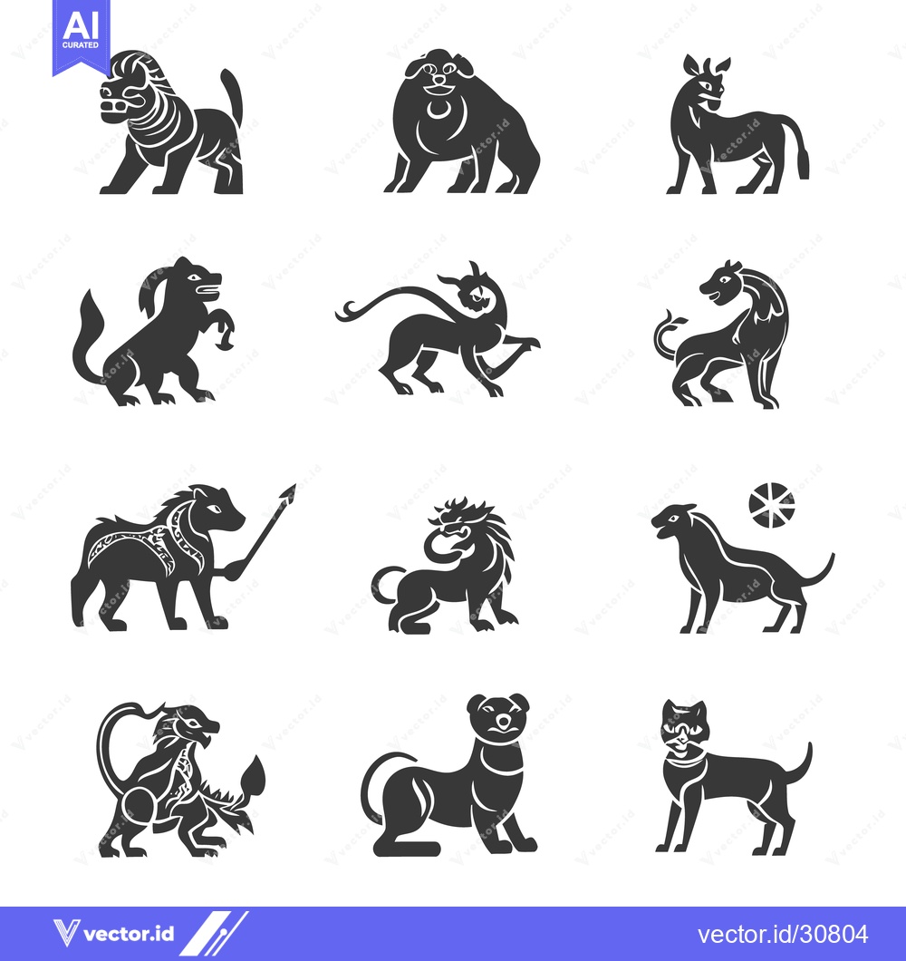 Premium Vector of Various stylized silhouette depictions of mythological creatures are p
