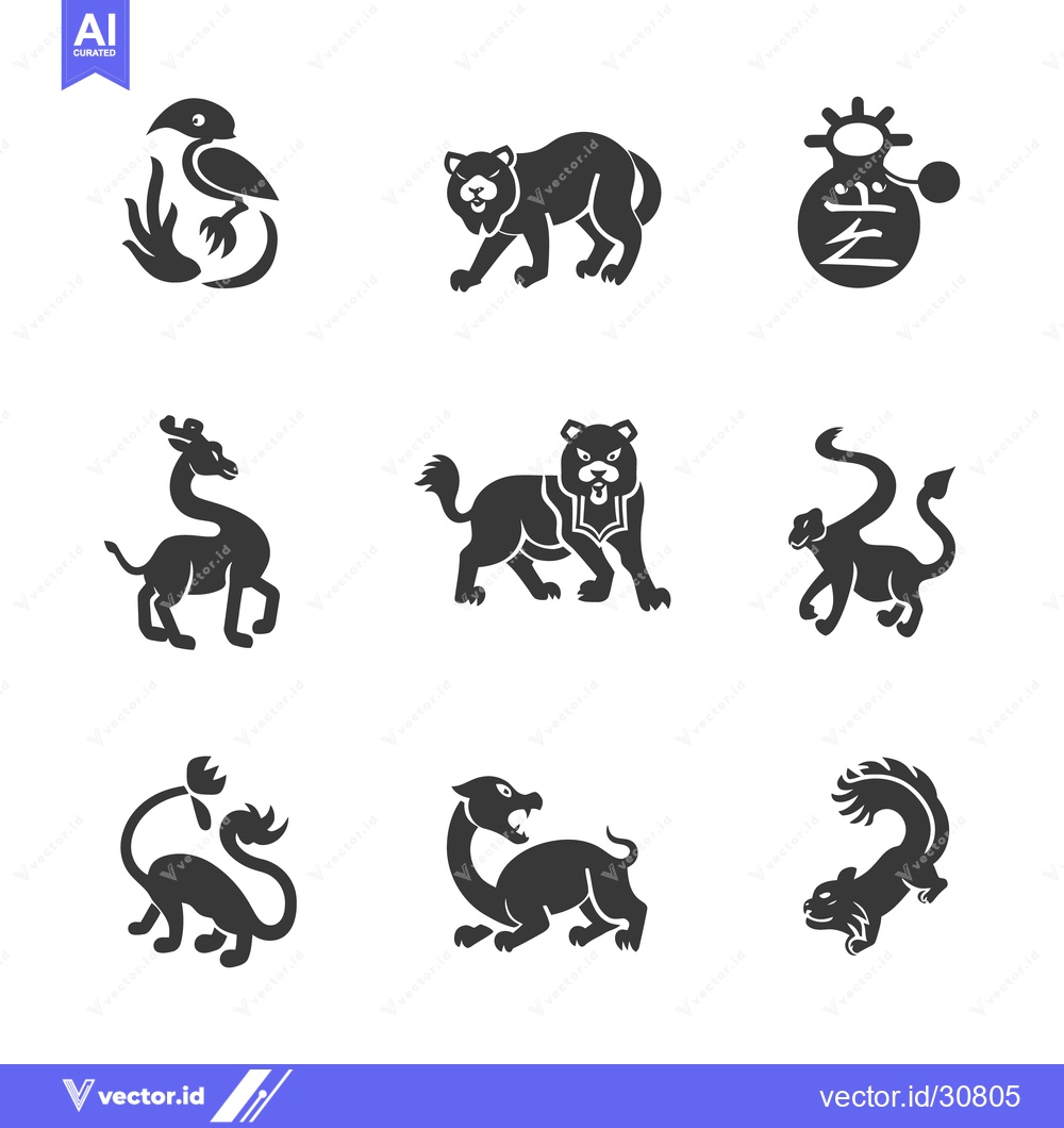 Premium Vector of Nine stylized depictions of various mythological and fantastical creat
