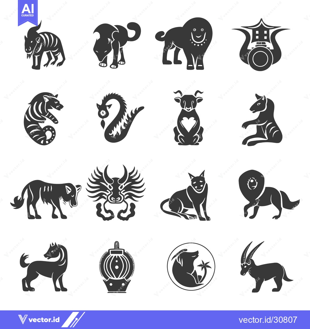 Premium Vector dari Various stylized animal illustrations and a lantern arranged on a whit