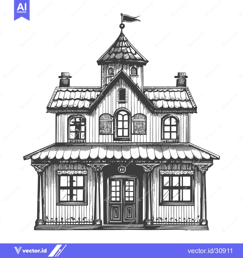 Premium Vector dari Elegant Wooden House with Steep Roof and Flag