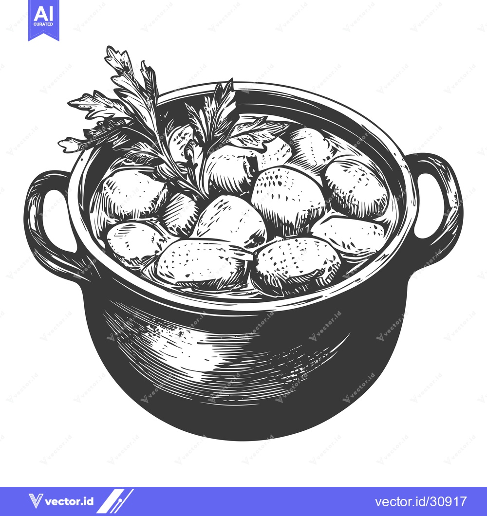 Premium Vector of A Stone Pot Filled With Stewed Food And Herbs