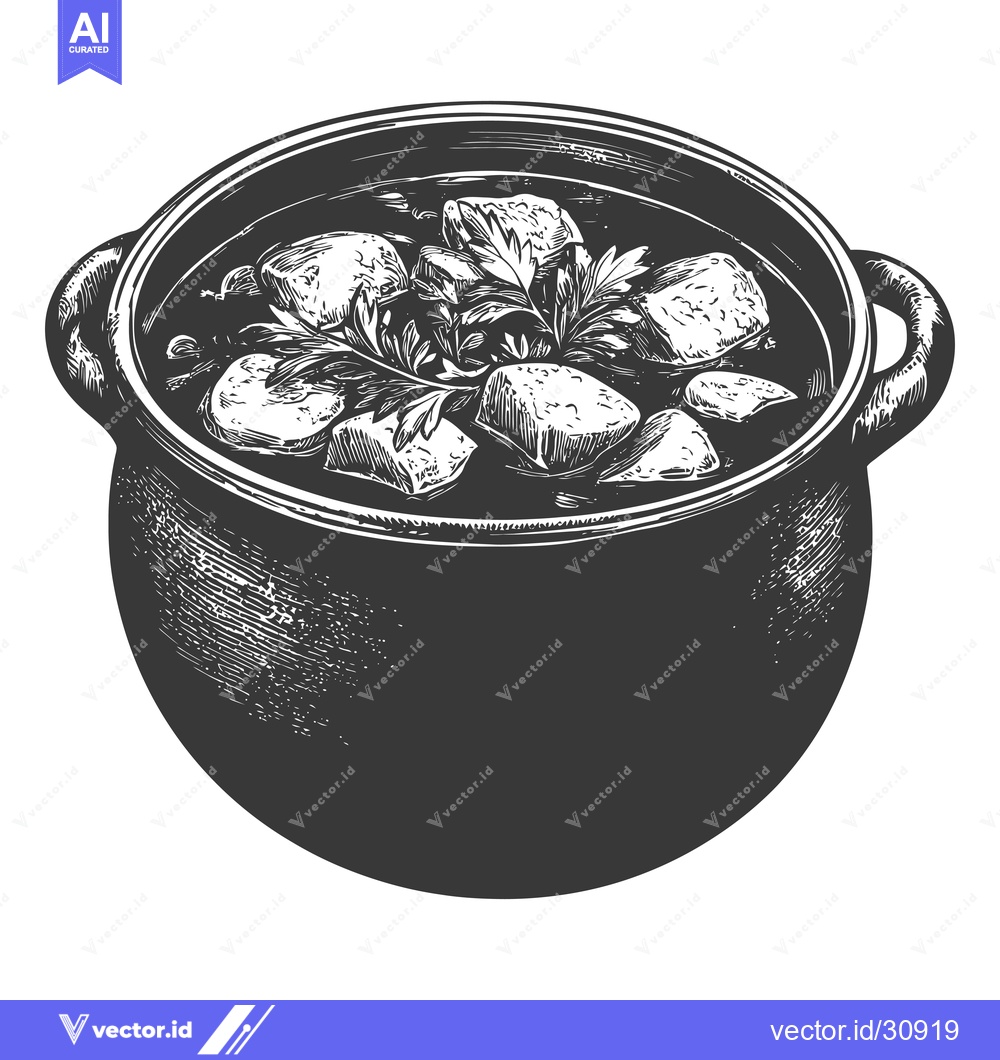 Premium Vector of A large pot of stew with potatoes and herbs