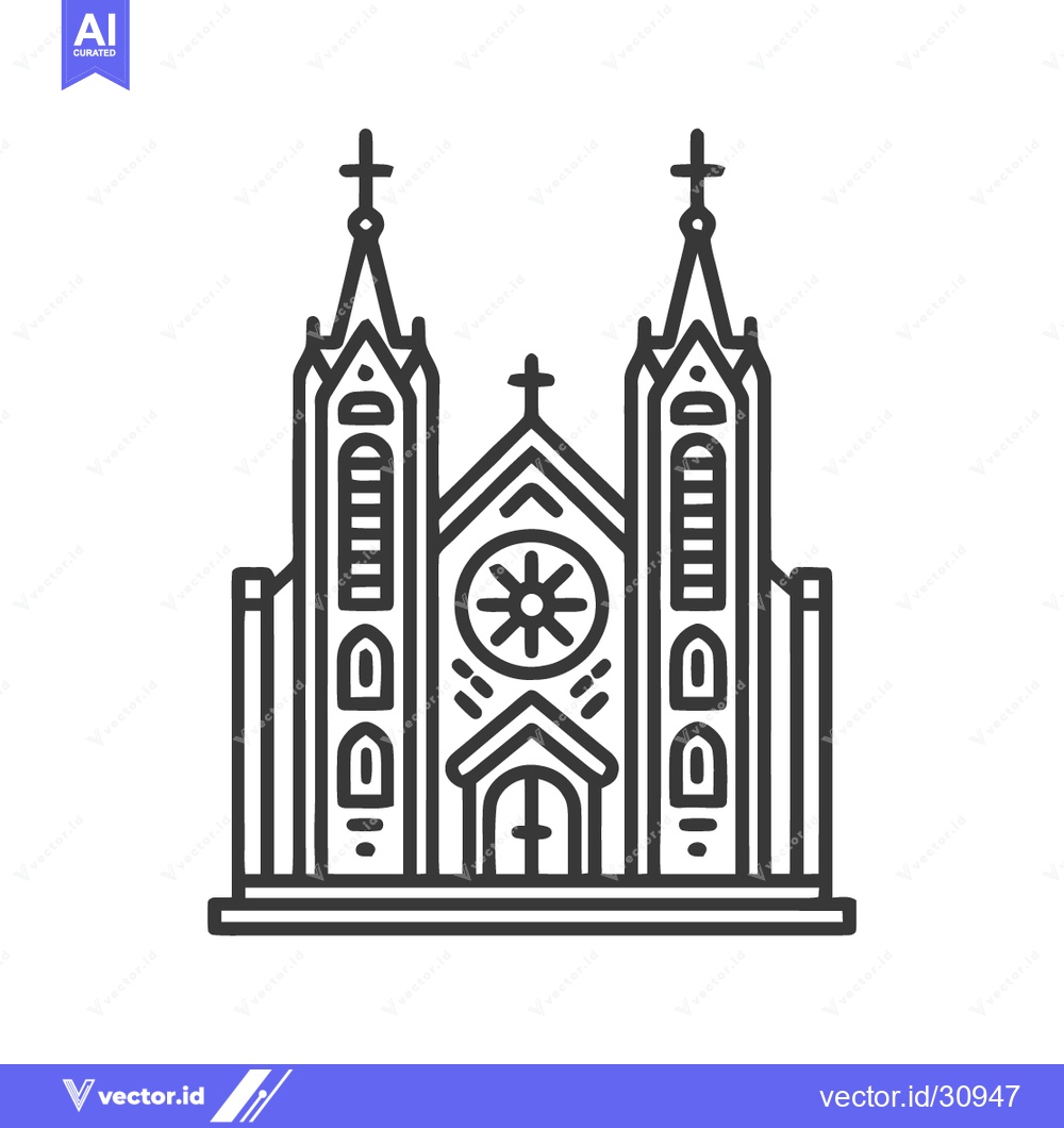 Premium Vector dari Minimalist Line Art: Gothic Church with Twin Towers and Rose Window