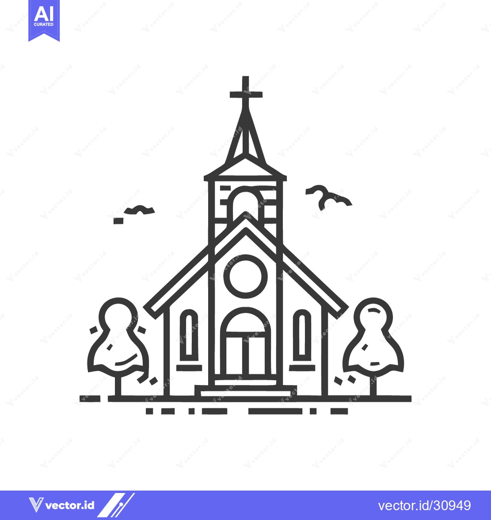 Premium Vector dari Minimalist Church Icon with Cross, Trees, and Birds in Black and White