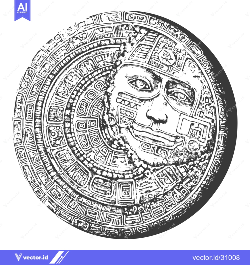 Premium Vector of Circular Aztec Calendar Stone with Face and Geometric Designs