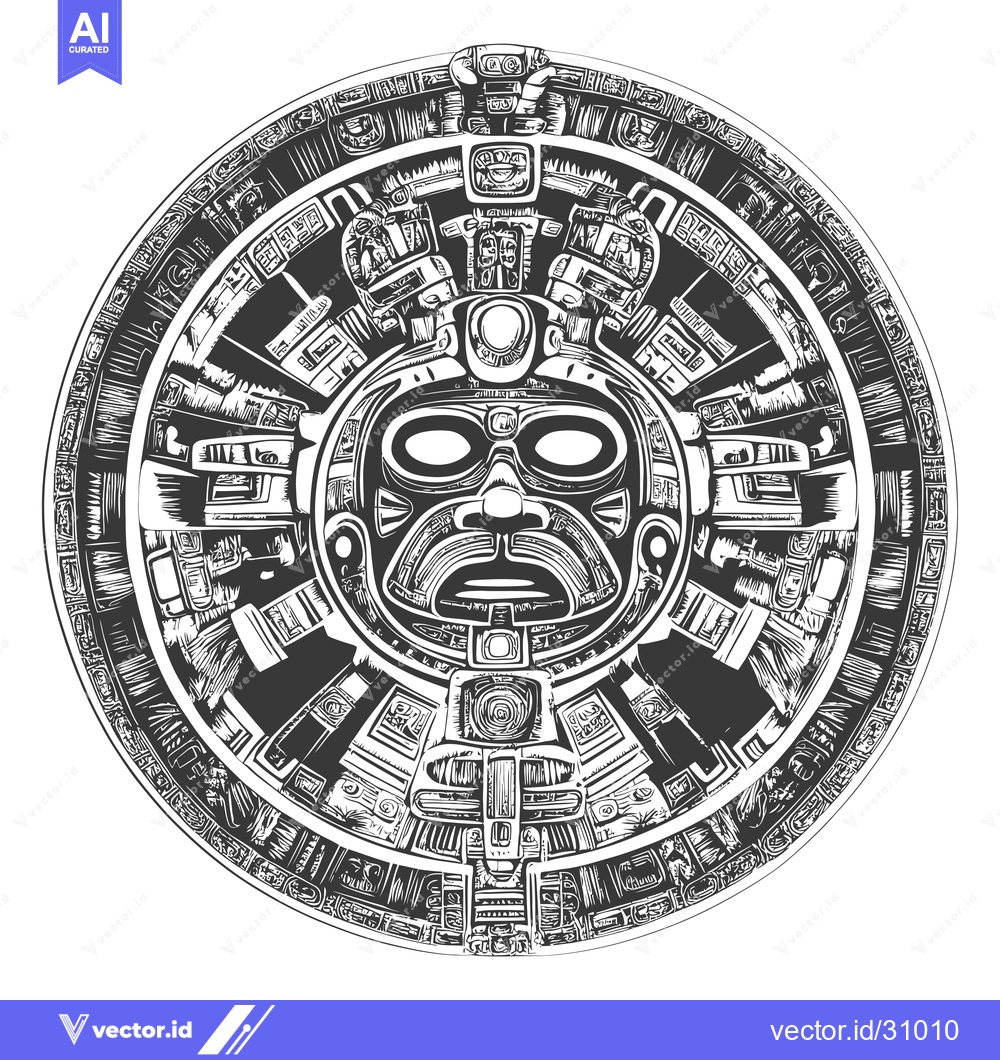 Premium Vector dari Circular Aztec Calendar with a Deity Face in the Center