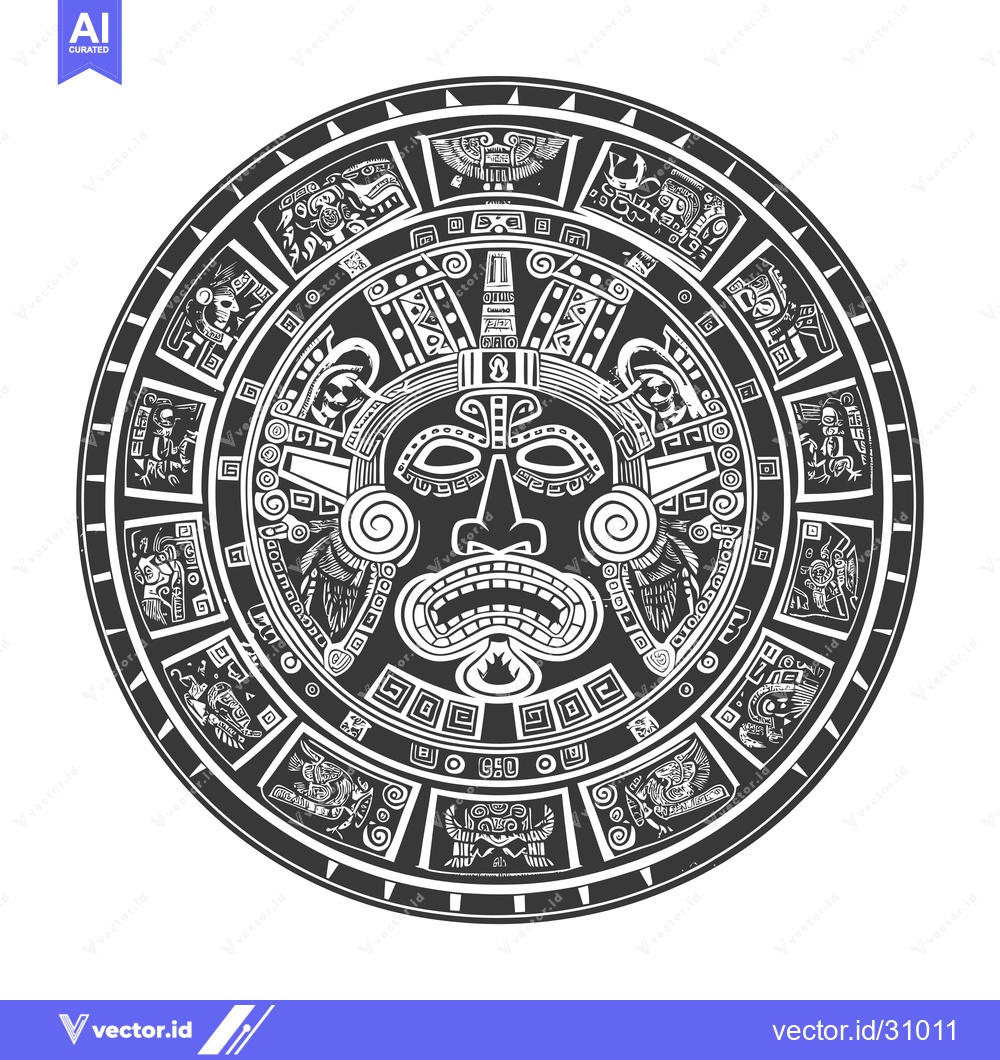 Premium Vector of Circular Aztec Calendar with a Mask and Surrounding Symbols