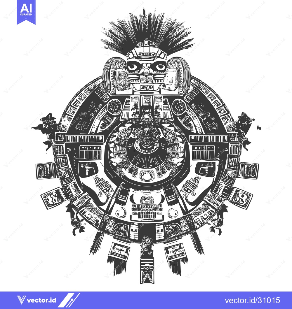 Premium Vector of Circular Aztec Calendar with Central Deity and Glyphs