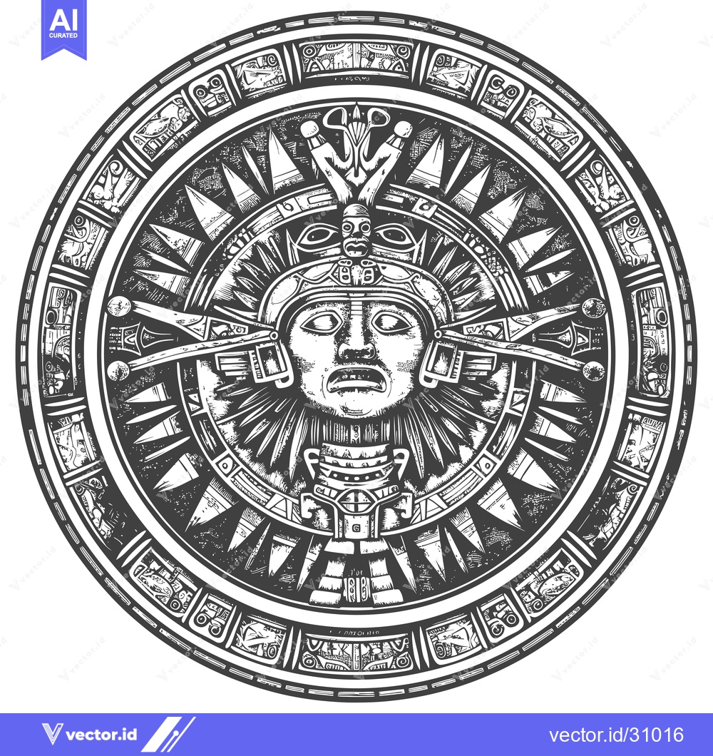 Premium Vector of Circular Aztec Calendar with Central Deity and Ornamental Border