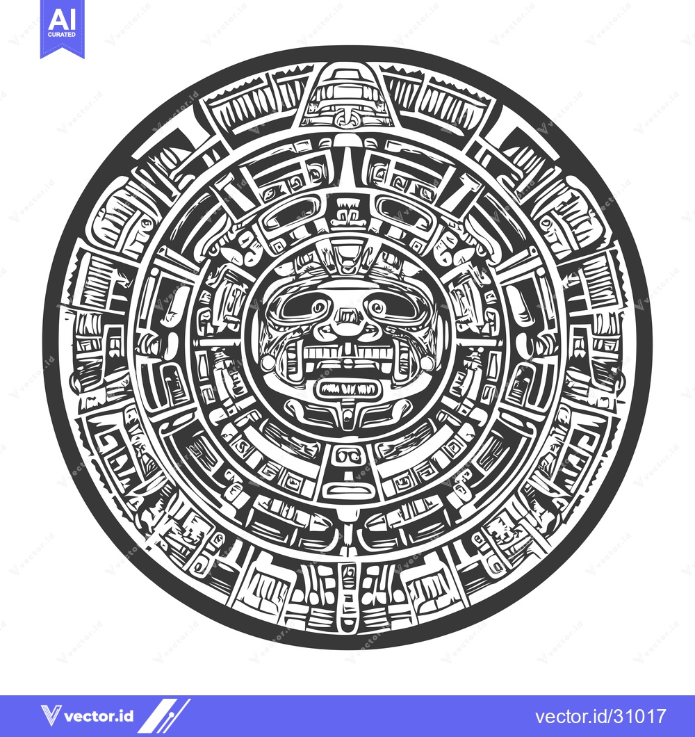 Premium Vector of Circular Aztec Calendar with Central Deity Face