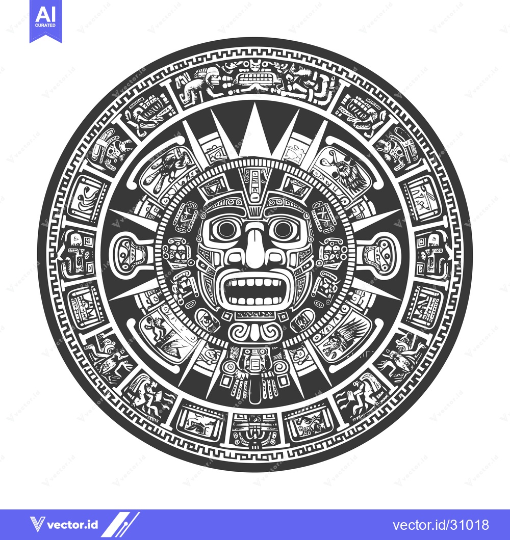 Premium Vector of Circular Aztec Calendar with Central Deity Face
