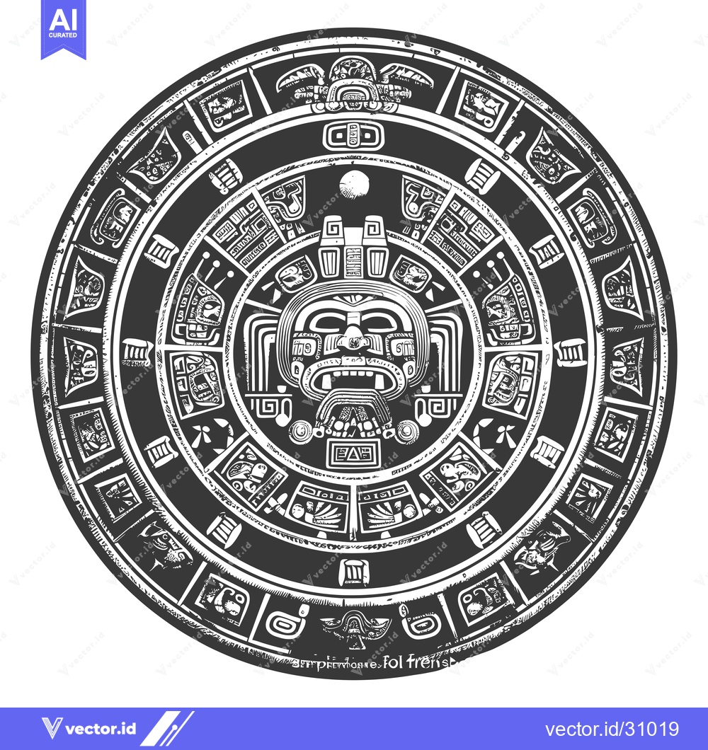 Premium Vector of Circular Aztec Calendar with Central Deity Face