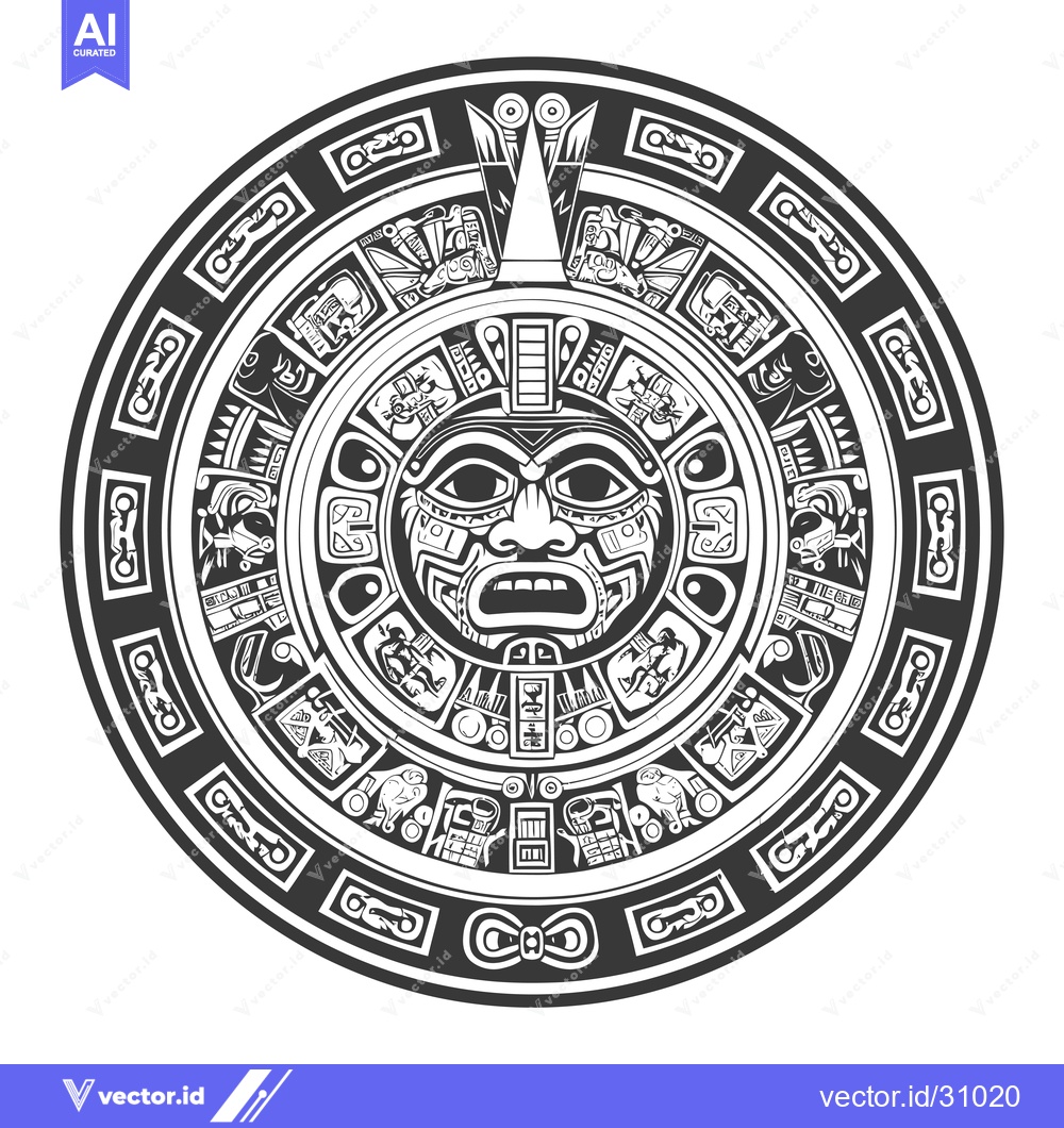 Premium Vector of Circular Aztec calendar with central deity face and surrounding glyphs