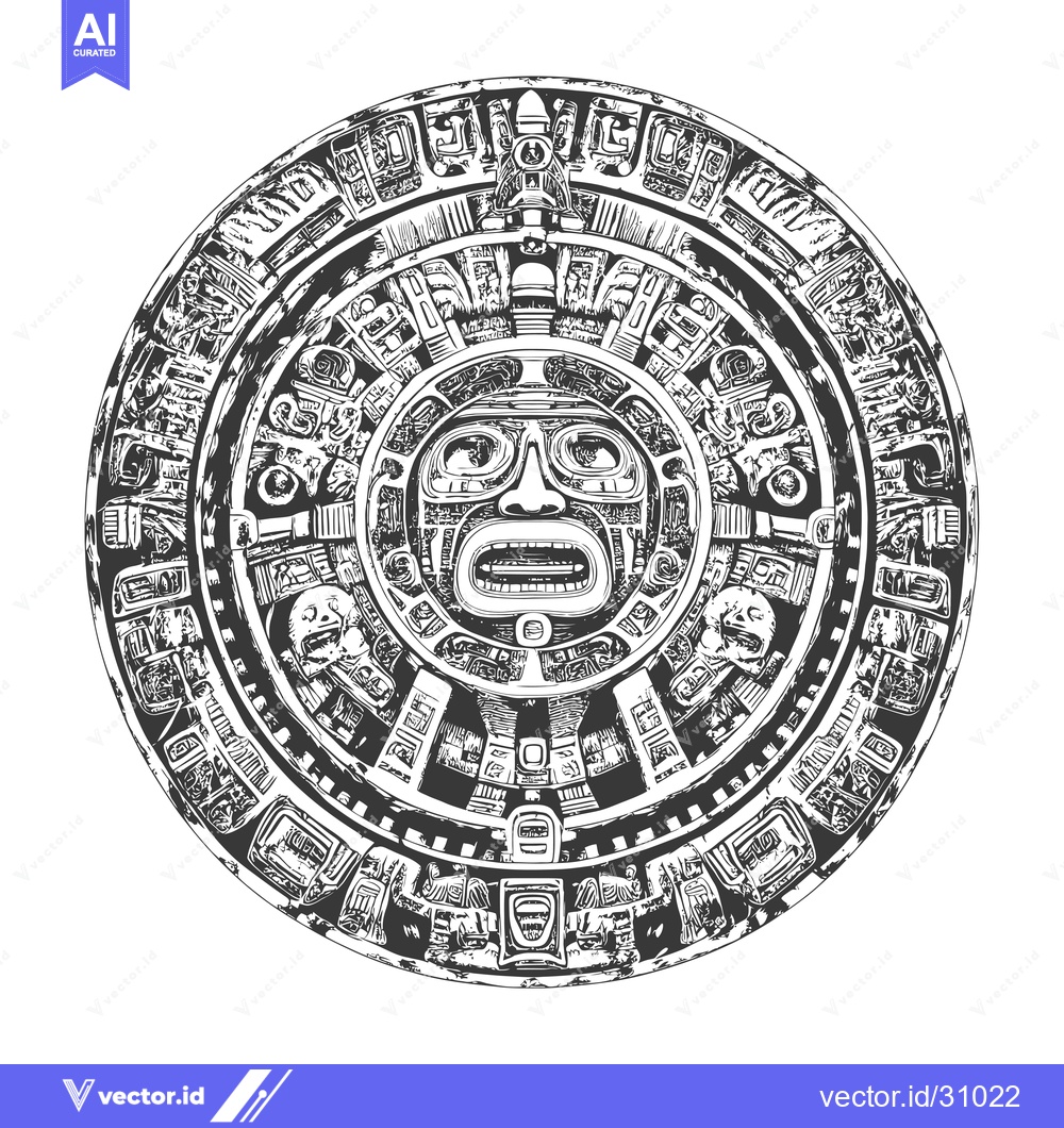 Premium Vector dari Circular Aztec Calendar with Central Face and Intricate Designs