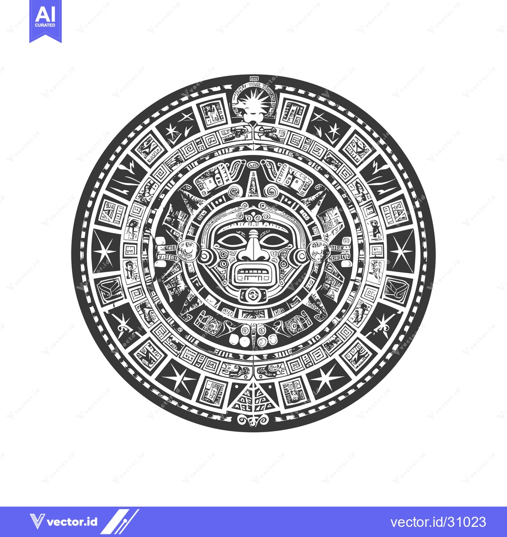 Premium Vector of Circular Aztec Calendar with Central Mask and Symbolic Imagery