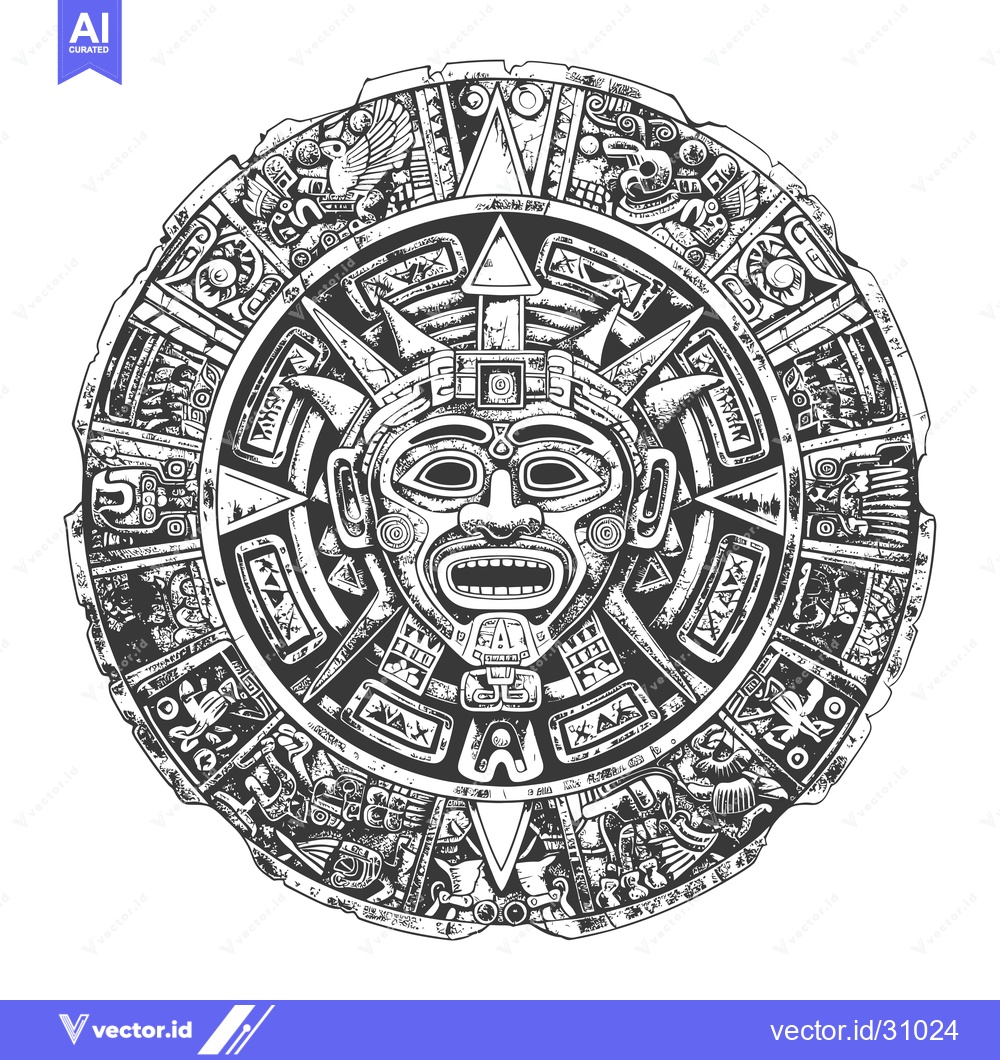 Premium Vector of Circular Aztec Calendar with Central Sun God Mask and Glyphs