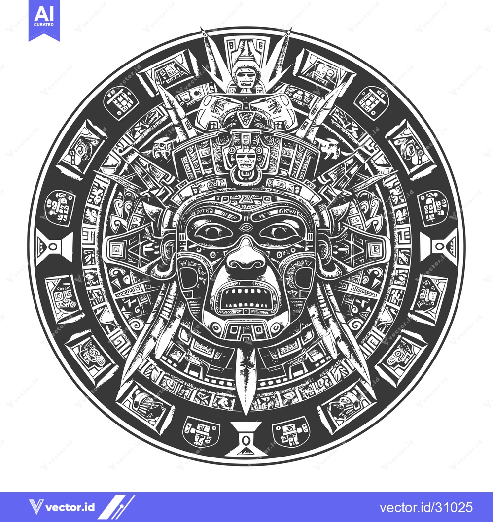 Premium Vector of Circular Aztec Calendar with Detailed Glyphs and a Central Deity Face