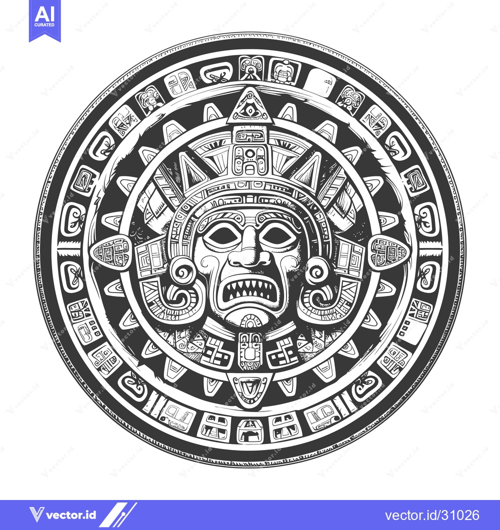 Premium Vector dari Circular Aztec Calendar with Ferocious Deity Mask and Symbolic Glyphs