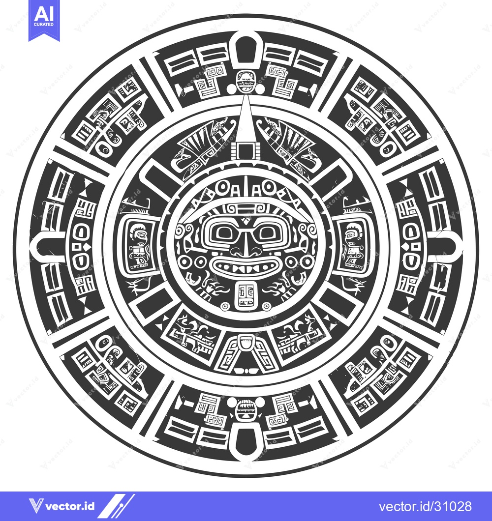 Premium Vector dari Circular Aztec Calendar with Intricate Glyphs and a Central Deity