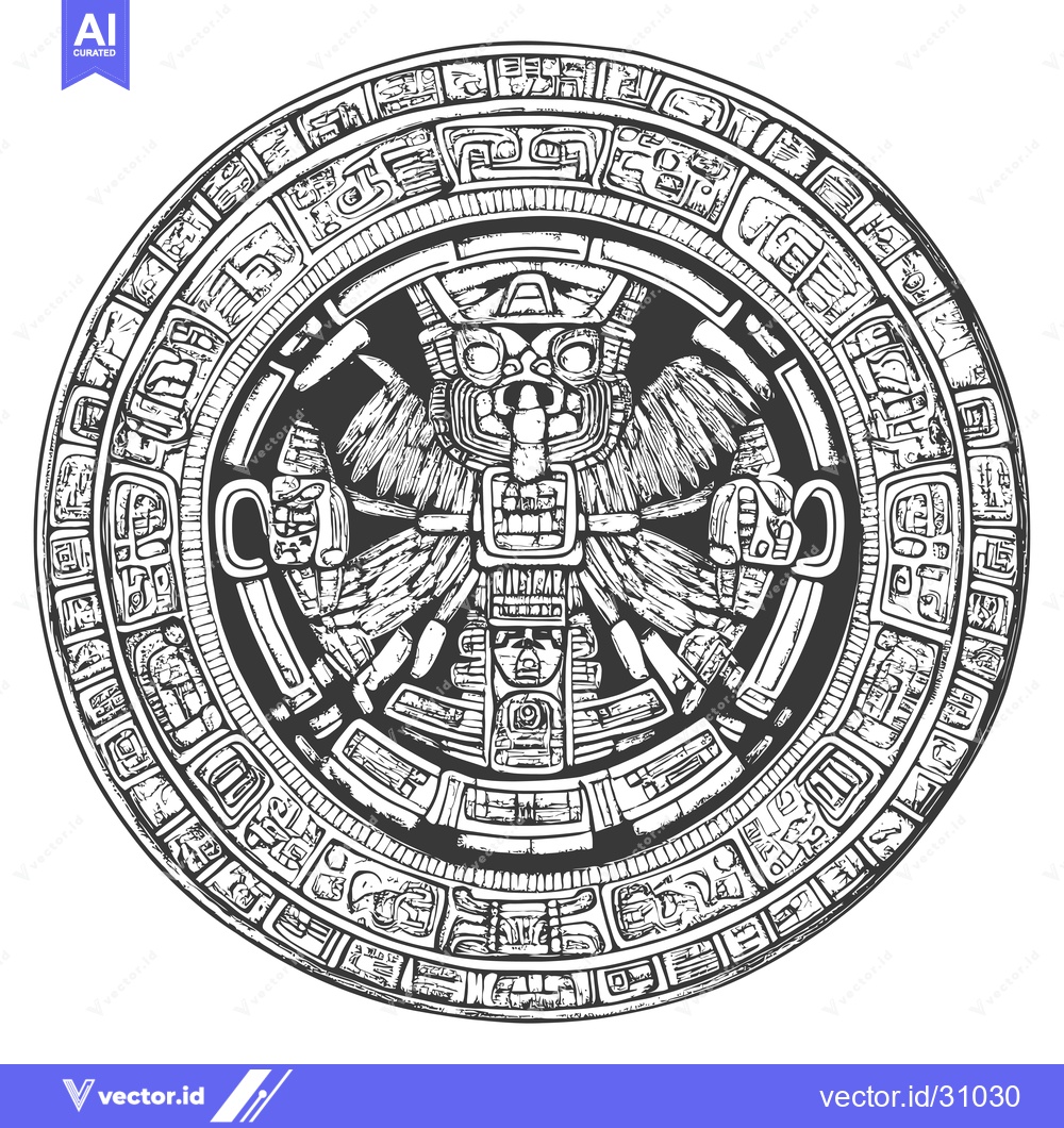 Premium Vector dari Circular Aztec Design Featuring a Central Deity with Wings