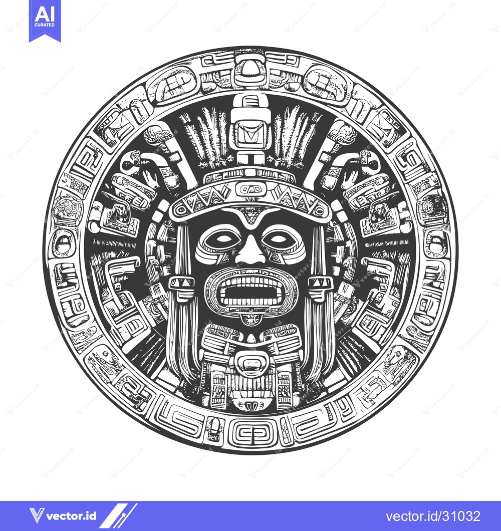 Premium Vector dari Circular Aztec Design Featuring a Detailed Face with a Headdress
