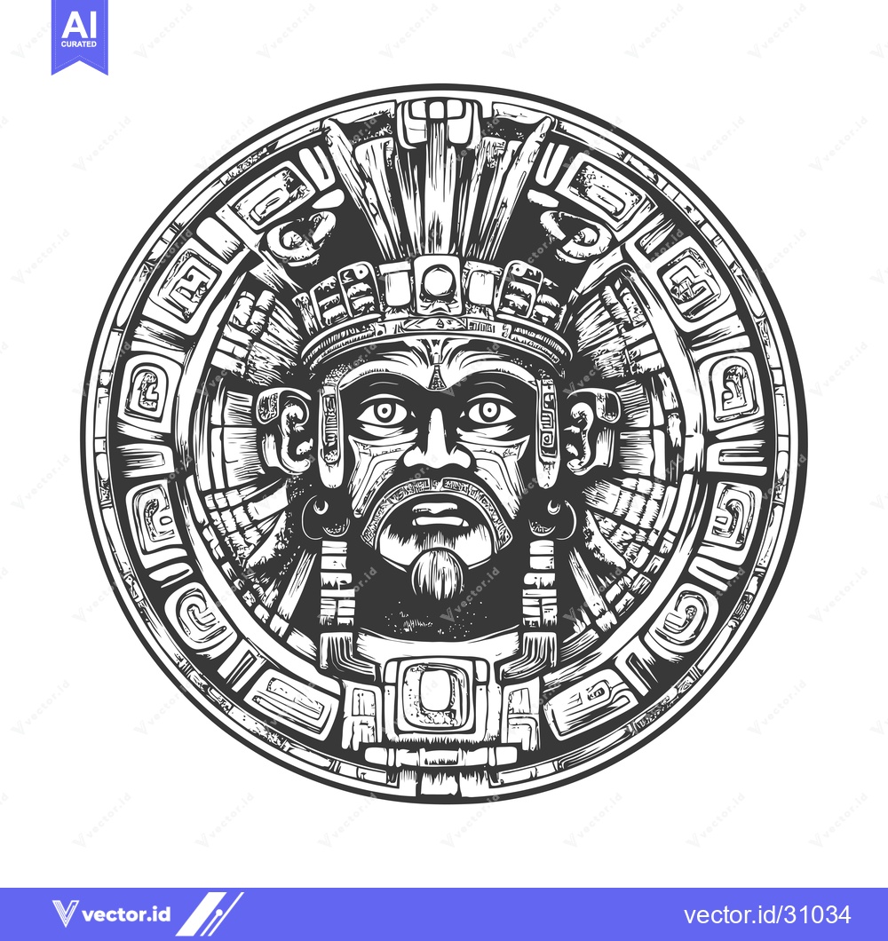 Premium Vector dari Circular Aztec Design Featuring a Face with Intricate Headwear