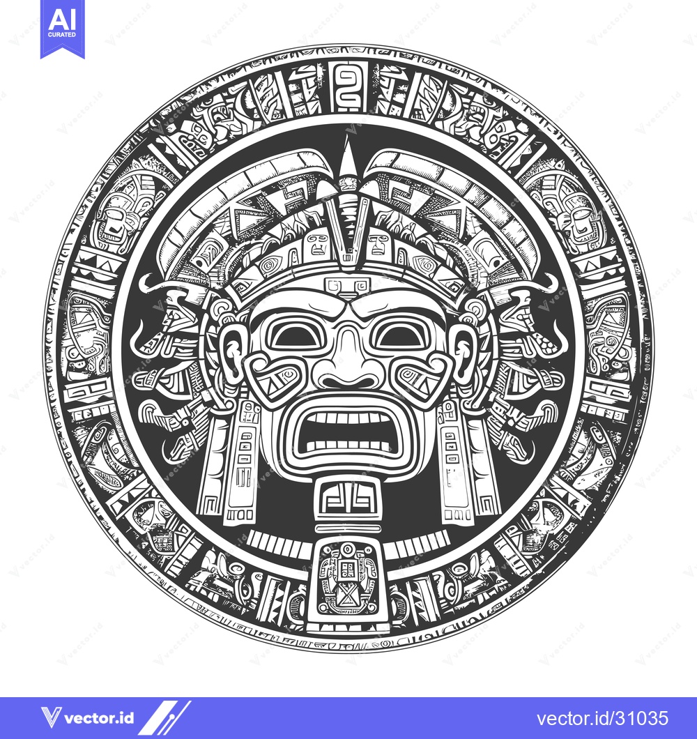 Premium Vector dari Circular Aztec Design Featuring a Ferocious Mask