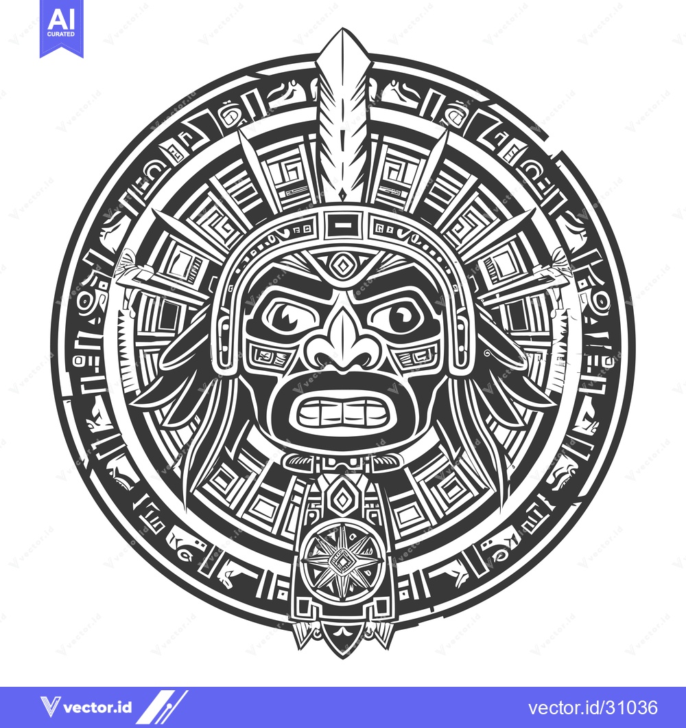 Premium Vector of Circular Aztec Design Featuring a Fierce Warrior Mask