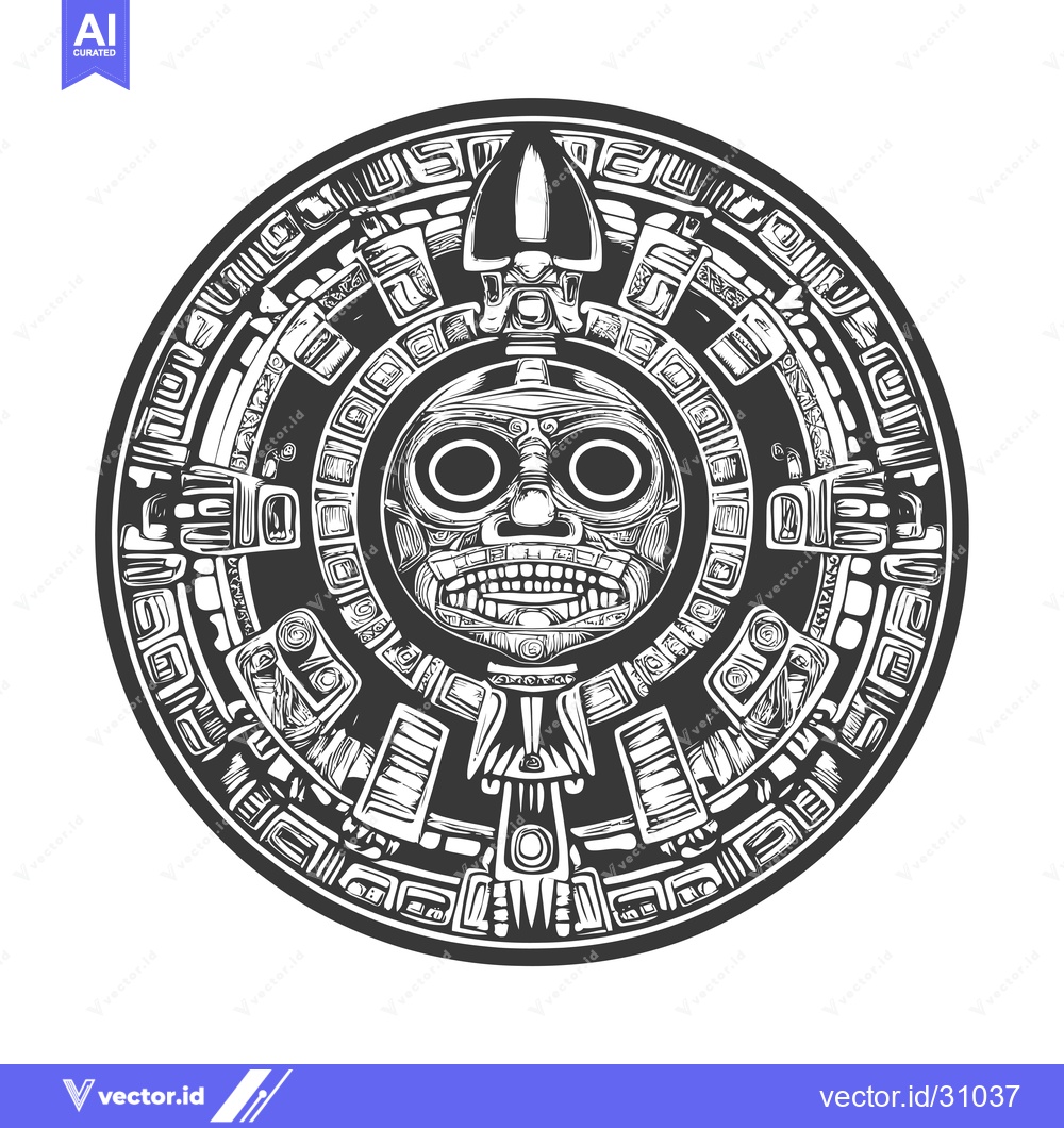 Premium Vector dari Circular Aztec Design Featuring a Glowing Skull Face