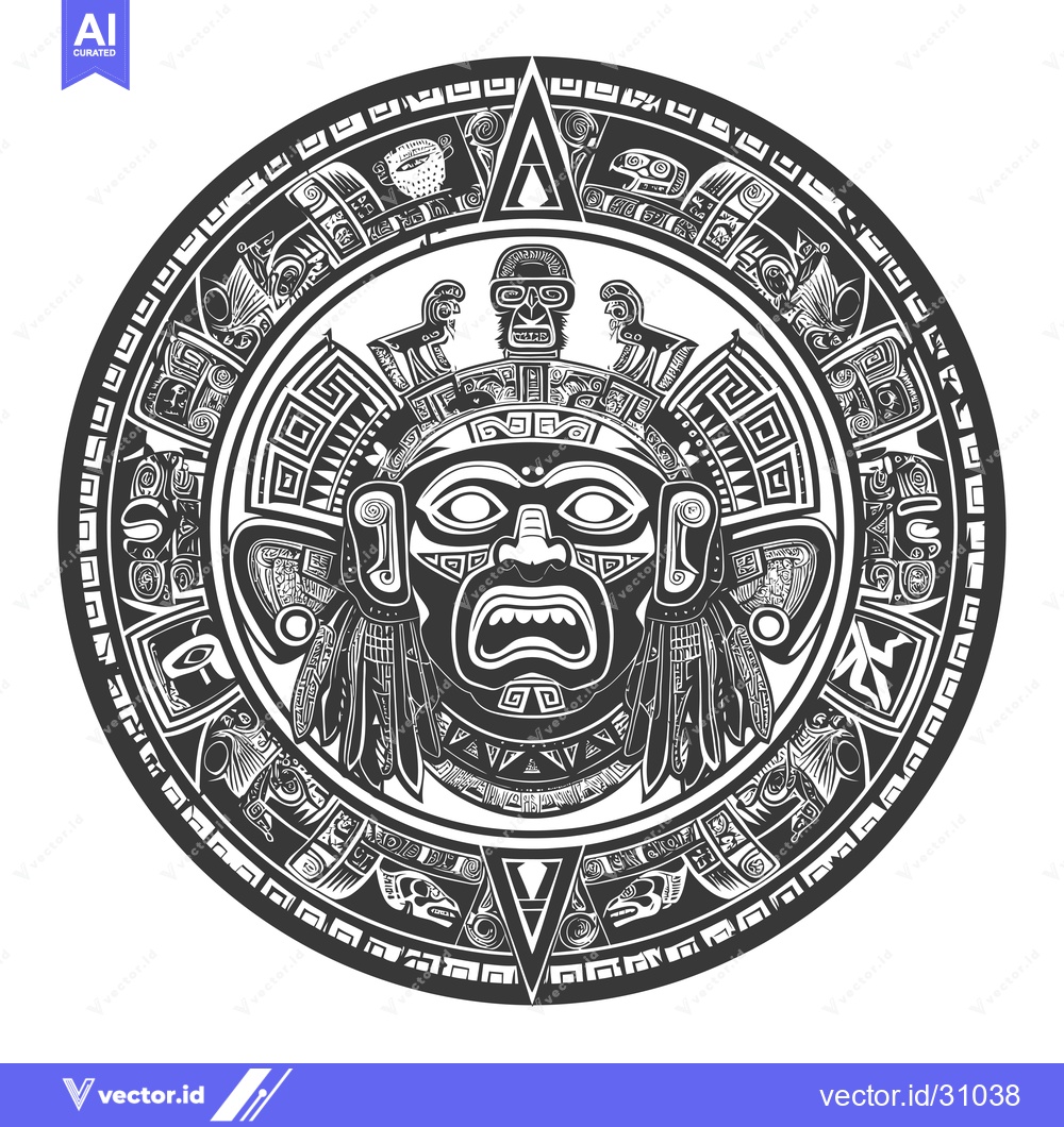 Premium Vector dari Circular Aztec design featuring a large detailed mask with geometric p