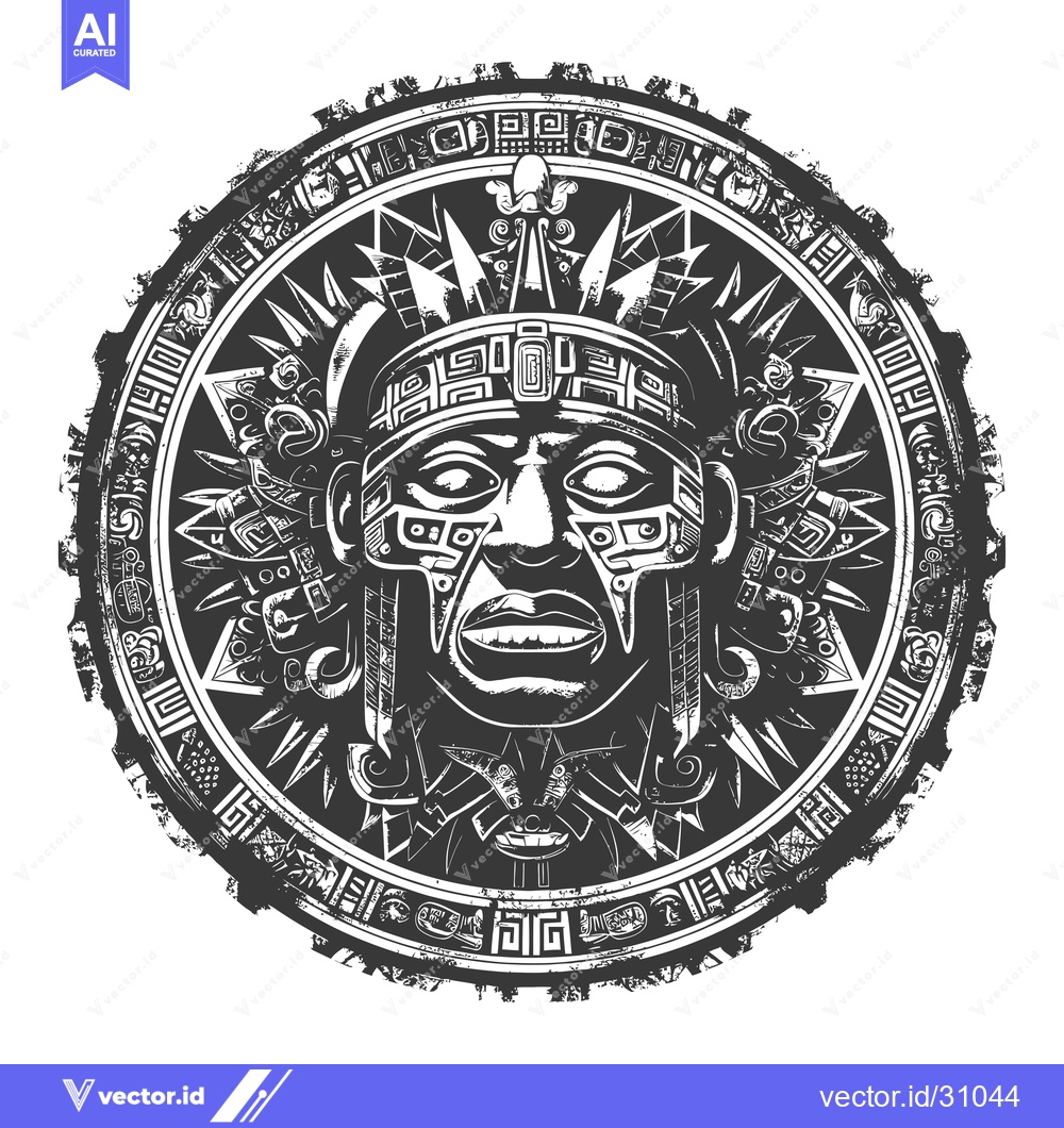 Premium Vector dari Circular Aztec Design with a Central Face and Geometric Patterns