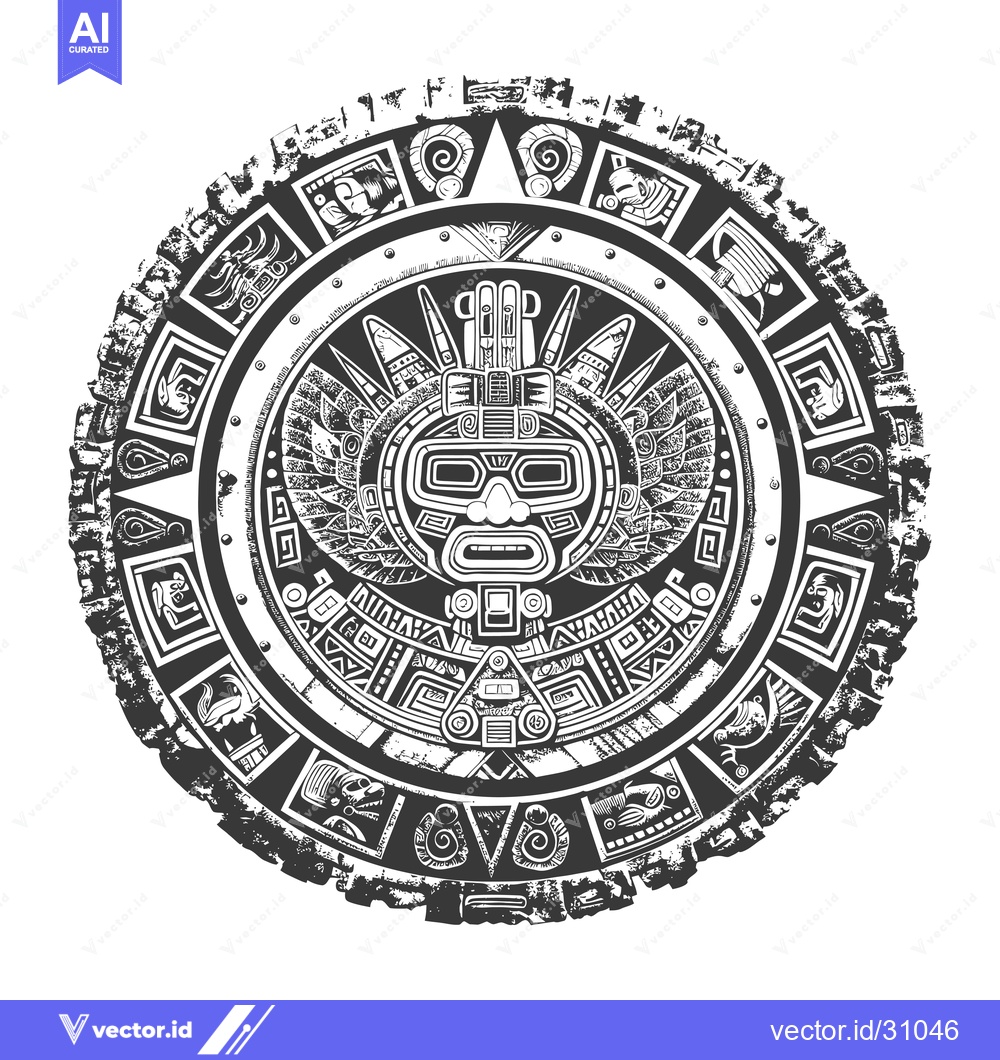 Premium Vector dari Circular Aztec Design with a Central Mask and Intricate Patterns