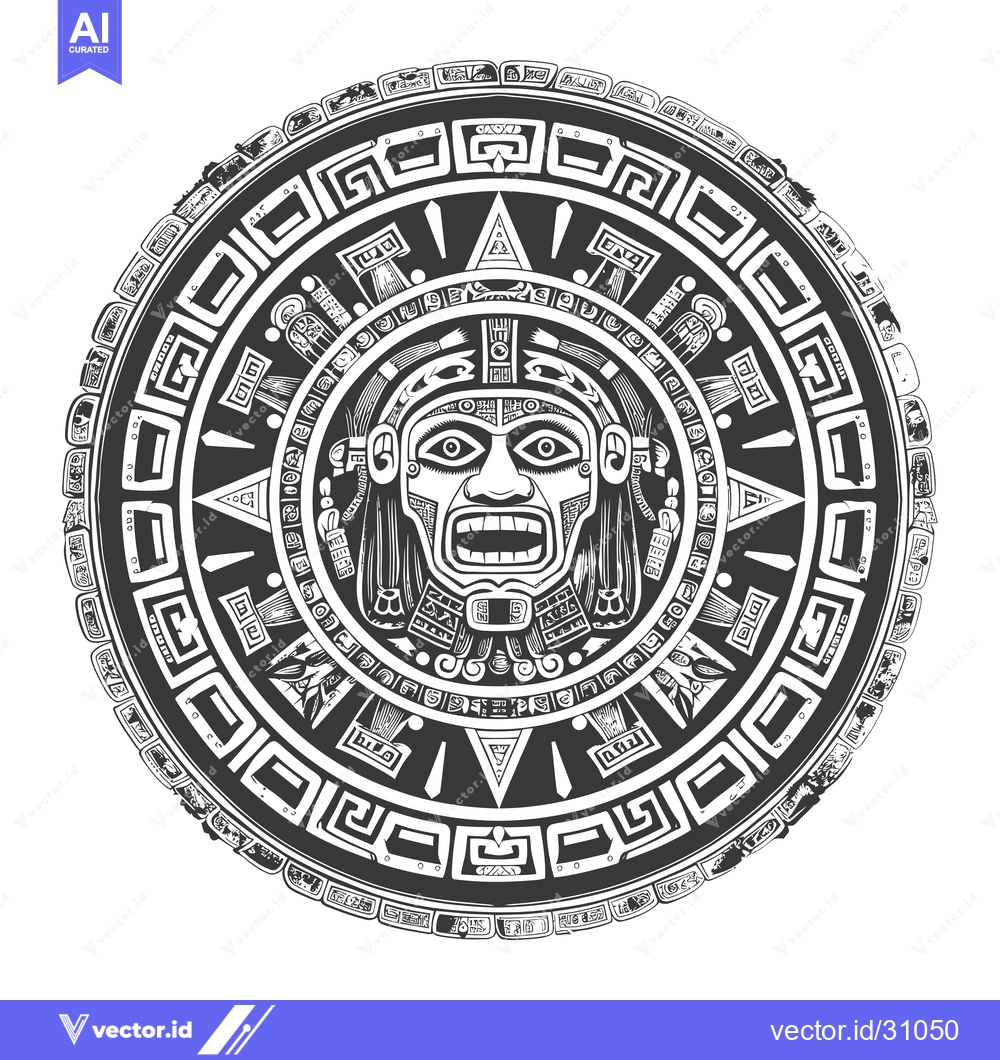 Premium Vector dari Circular Aztec Design with a Fearsome Face in the Center