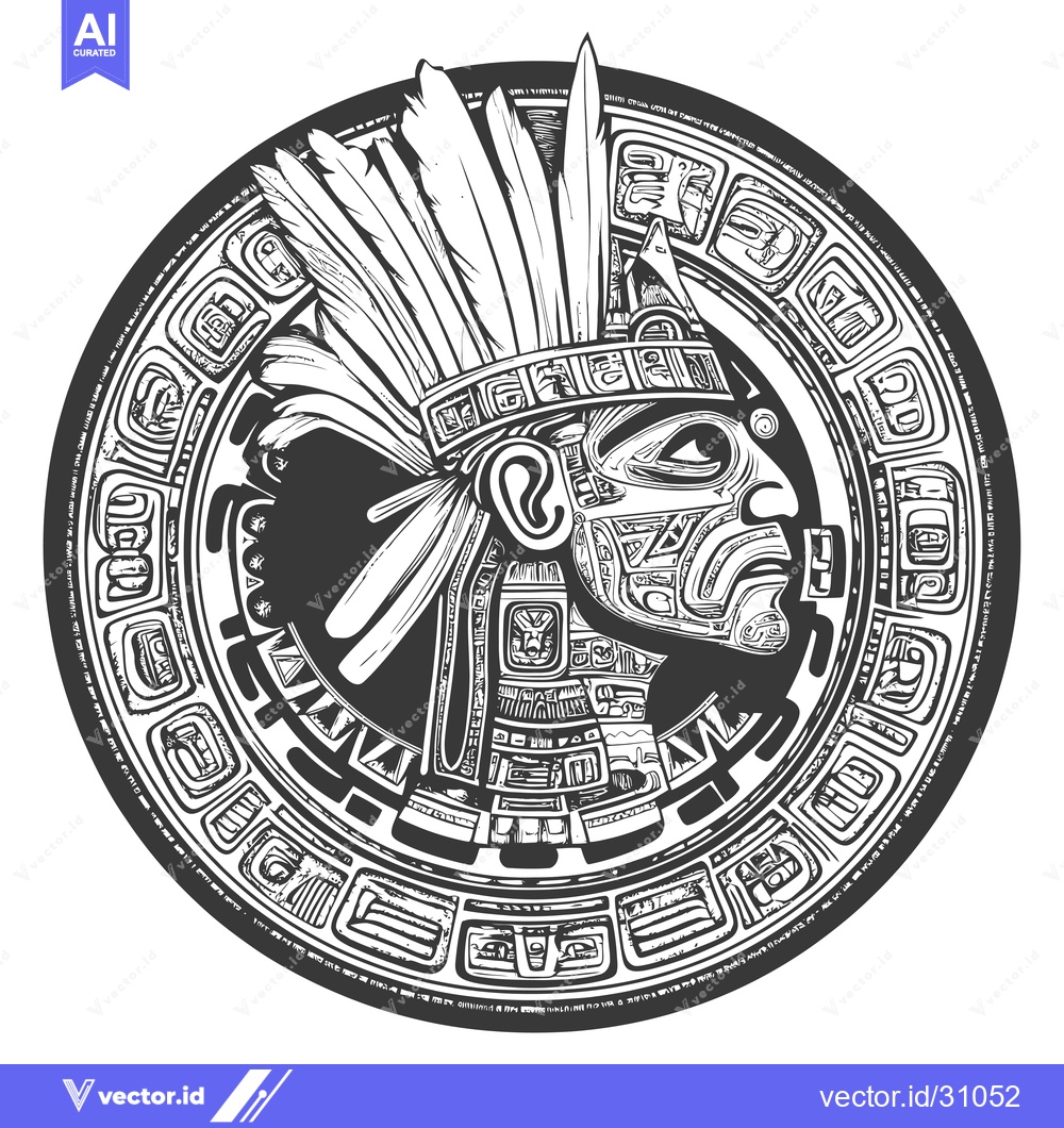 Premium Vector dari Circular Aztec Design with a Feathered Headdress and Intricate Pattern