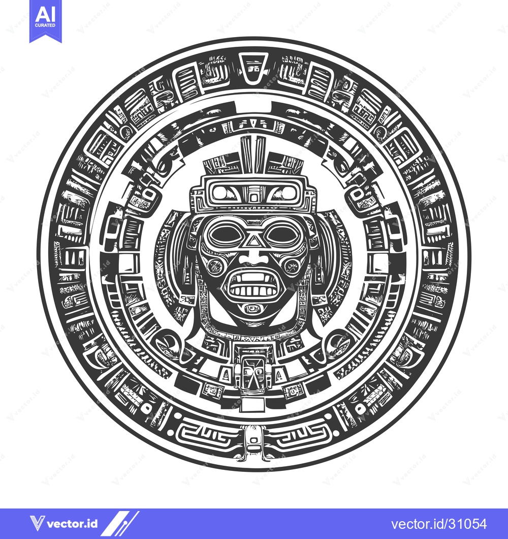 Premium Vector of Circular Aztec Design with a Ferocious Face in the Center