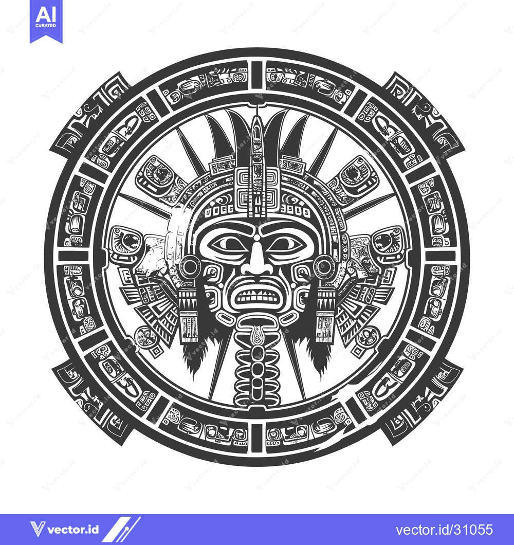 Premium Vector dari Circular Aztec Design with a Ferocious Mask and Hieroglyphs