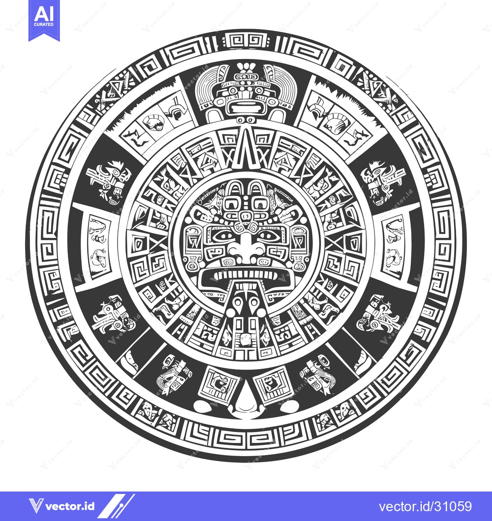 Premium Vector of Circular Aztec Design with Central Deity and Surrounding Animal and Ge