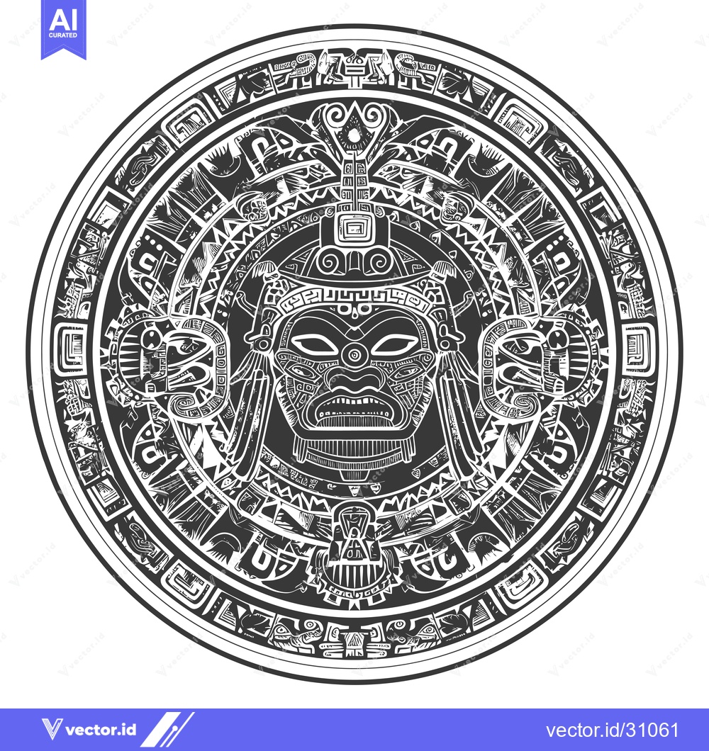 Premium Vector dari Circular Aztec Design with Central Deity Face and Intricate Borders