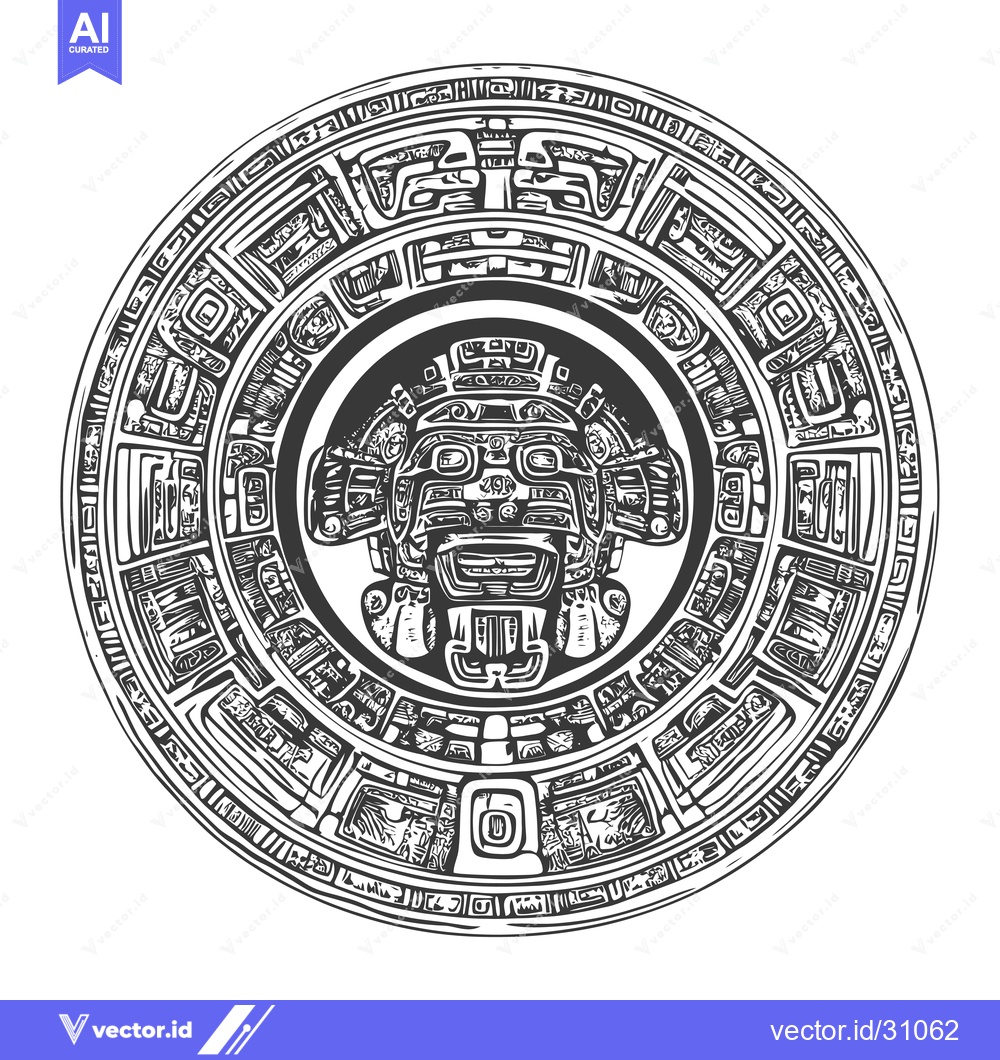 Premium Vector dari Circular Aztec Design with Central Deity Face and Intricate Geometric