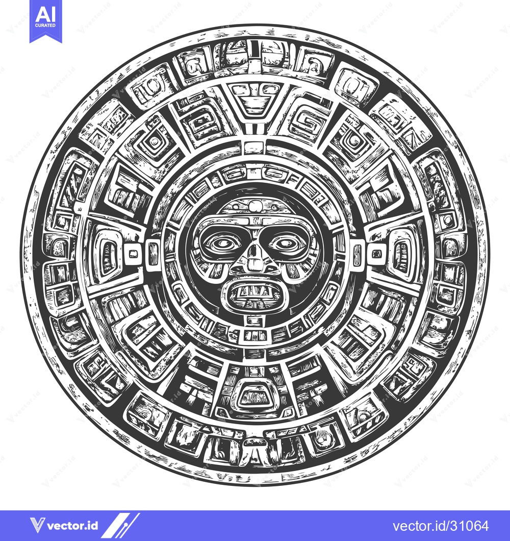 Premium Vector dari Circular Aztec Design with Central Face and Geometric Patterns