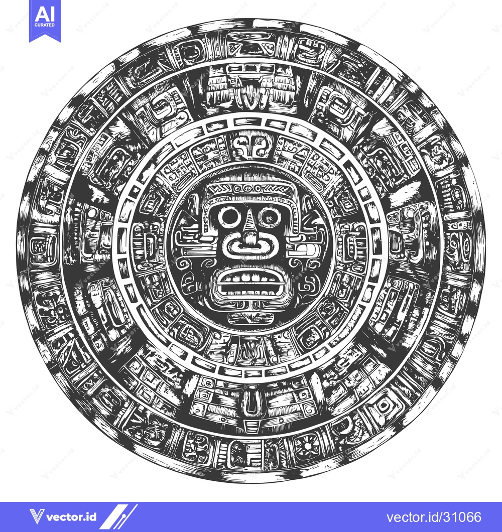 Premium Vector dari Circular Aztec Design with Central Face and Glyphs